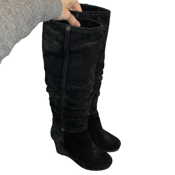 Prada Linnea Rossa Tall Black Suede Riding Boots 36 Slouchy Riveted Wedge Heel - Picture 1 of 12